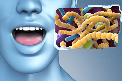 This is a digital artwork featuring a human face with an open mouth on the left side, set against a background with a microscopic view of bacteria on the right. The image appears to be symbolizing the concept of oral health or germs entering the body through the mouth.