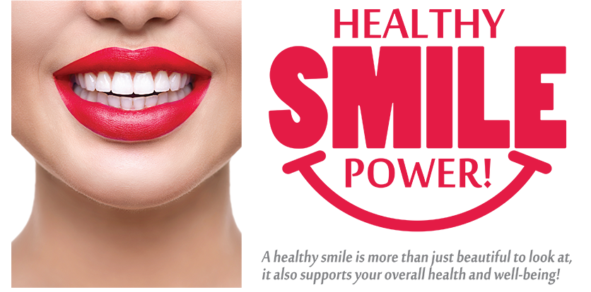 The image features a close-up of a person's face with red lipstick, promoting 'Healthy Smile Power.