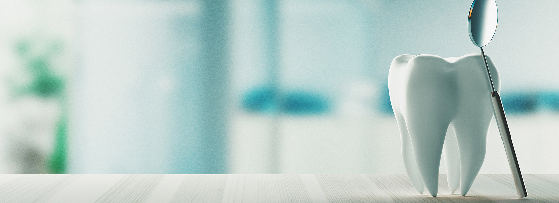 The image features a dental office setting with a toothbrush and a tooth model prominently displayed on a countertop, against a blurred background of a waiting area.